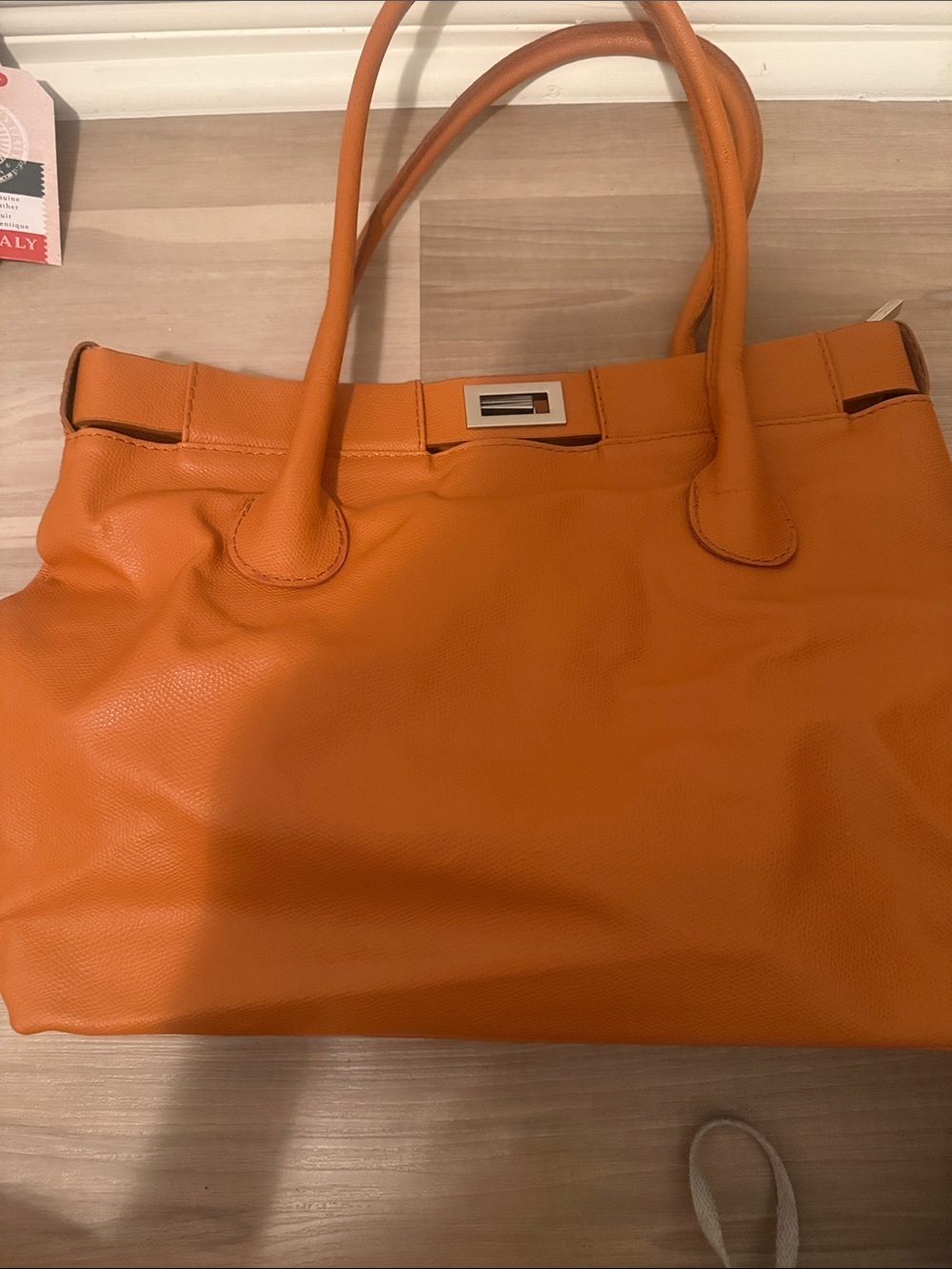 Vera Pelle Orange Pebbled Leather Tote with Top Detail